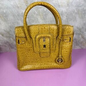 Da Milano Yellow Croc Embossed Genuine Leather Top Handle Satchel Y2K Mobwife